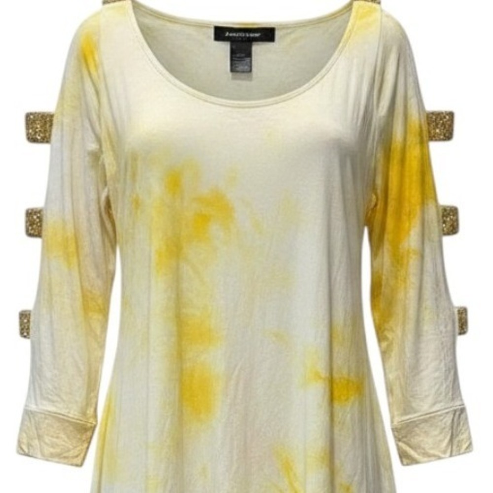 NWT Ashley Stewart hi low Yellow Tie Dye Cold Shoulder Rhinestone coverup top 26